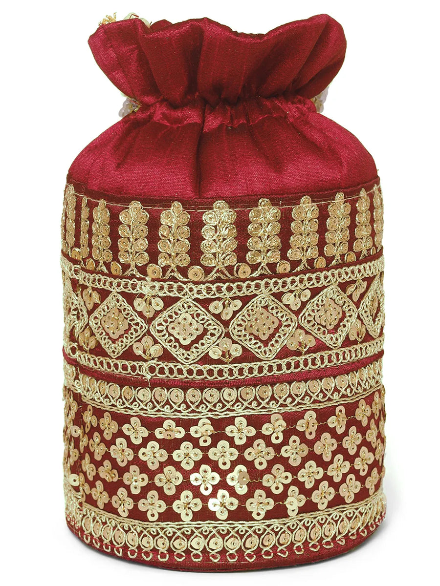 Maroon potli bag named Ethnic Floral Potli with sequins Mofit, featuring artificial beads detailing and soft fabric texture | Peora
