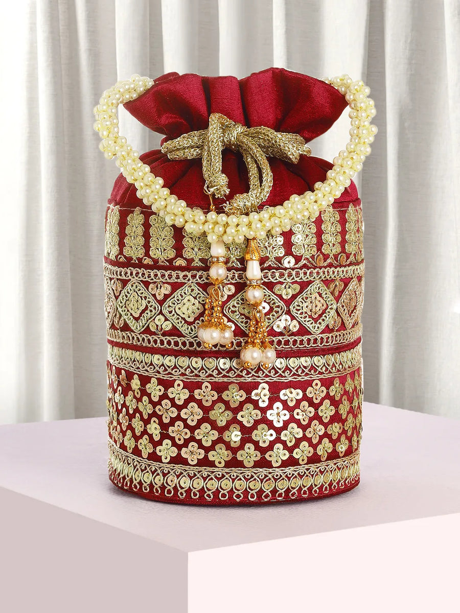 Maroon potli bag named Ethnic Floral Potli with sequins Mofit, featuring artificial beads detailing and soft fabric texture | Peora
