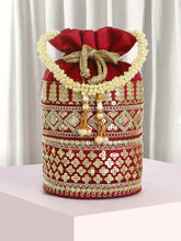 Maroon potli bag named Ethnic Floral Potli with sequins Mofit, featuring artificial beads detailing and soft fabric texture | Peora
