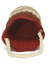 Maroon potli bag named Ethnic Floral Potli with sequins Mofit, featuring artificial beads detailing and soft fabric texture | Peora
