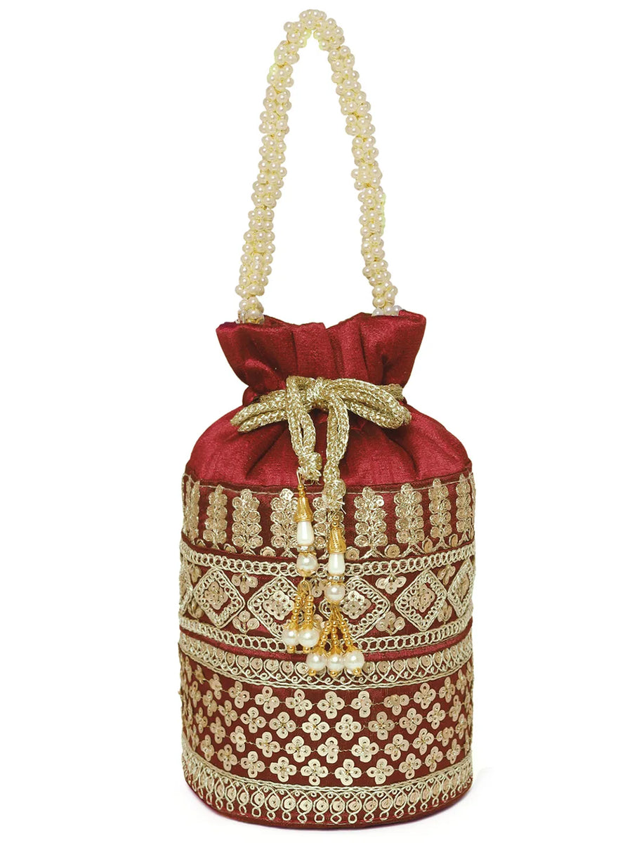 Maroon potli bag named Ethnic Floral Potli with sequins Mofit, featuring artificial beads detailing and soft fabric texture | Peora
