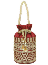 Maroon potli bag named Ethnic Floral Potli with sequins Mofit, featuring artificial beads detailing and soft fabric texture | Peora
