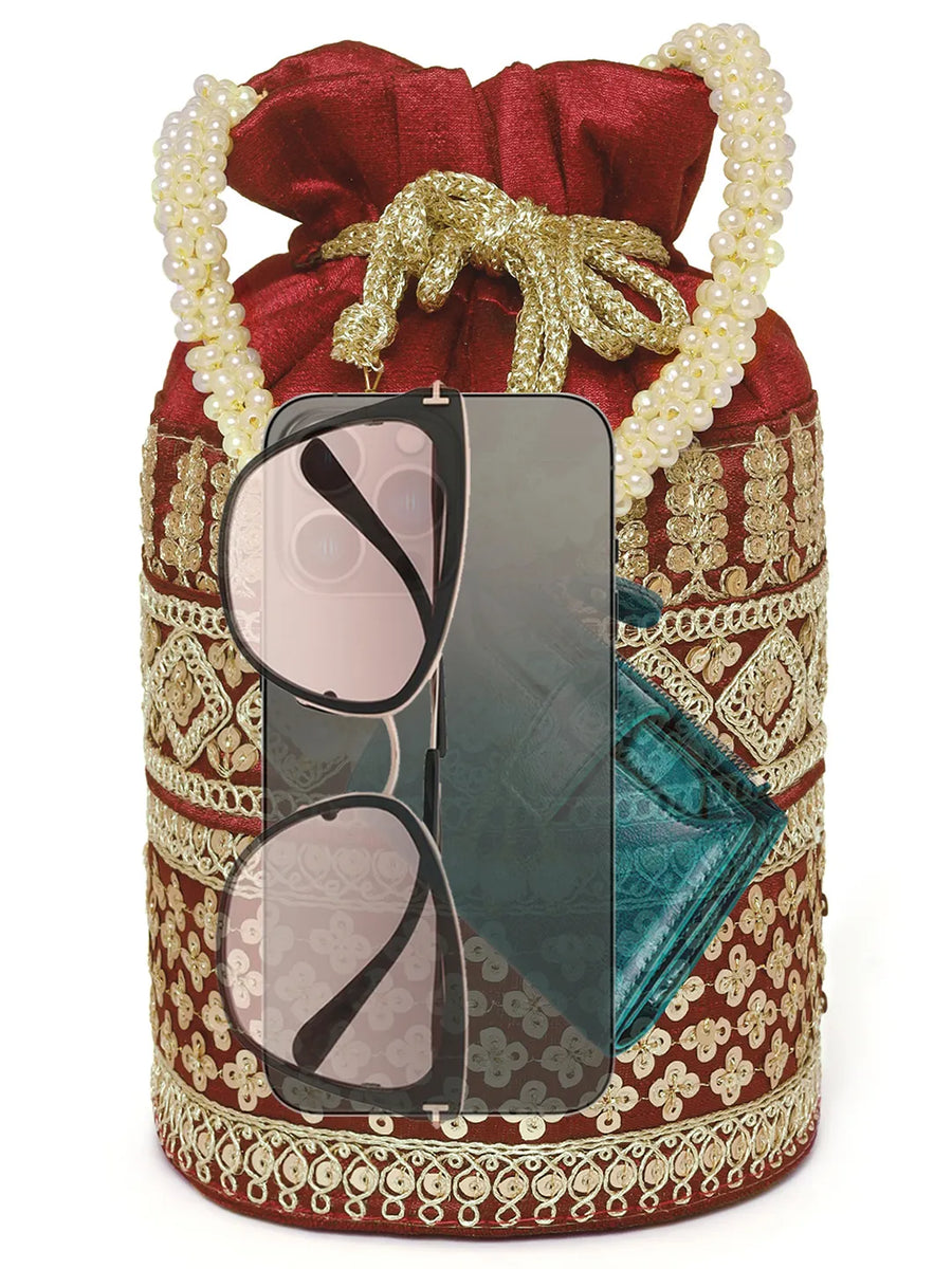 Maroon potli bag named Ethnic Floral Potli with sequins Mofit, featuring artificial beads detailing and soft fabric texture | Peora
