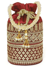 Maroon potli bag named Ethnic Floral Potli with sequins Mofit, featuring artificial beads detailing and soft fabric texture | Peora

