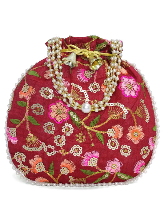 Maroon potli bag named Hand Embroidered Floral Potli Bag, featuring artificial beads detailing and soft fabric texture | Peora
