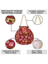 Maroon potli bag named Hand Embroidered Floral Potli Bag, featuring artificial beads detailing and soft fabric texture | Peora
