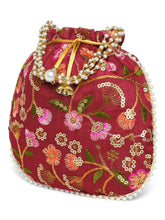 Maroon potli bag named Hand Embroidered Floral Potli Bag, featuring artificial beads detailing and soft fabric texture | Peora
