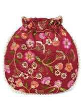 Maroon potli bag named Hand Embroidered Floral Potli Bag, featuring artificial beads detailing and soft fabric texture | Peora
