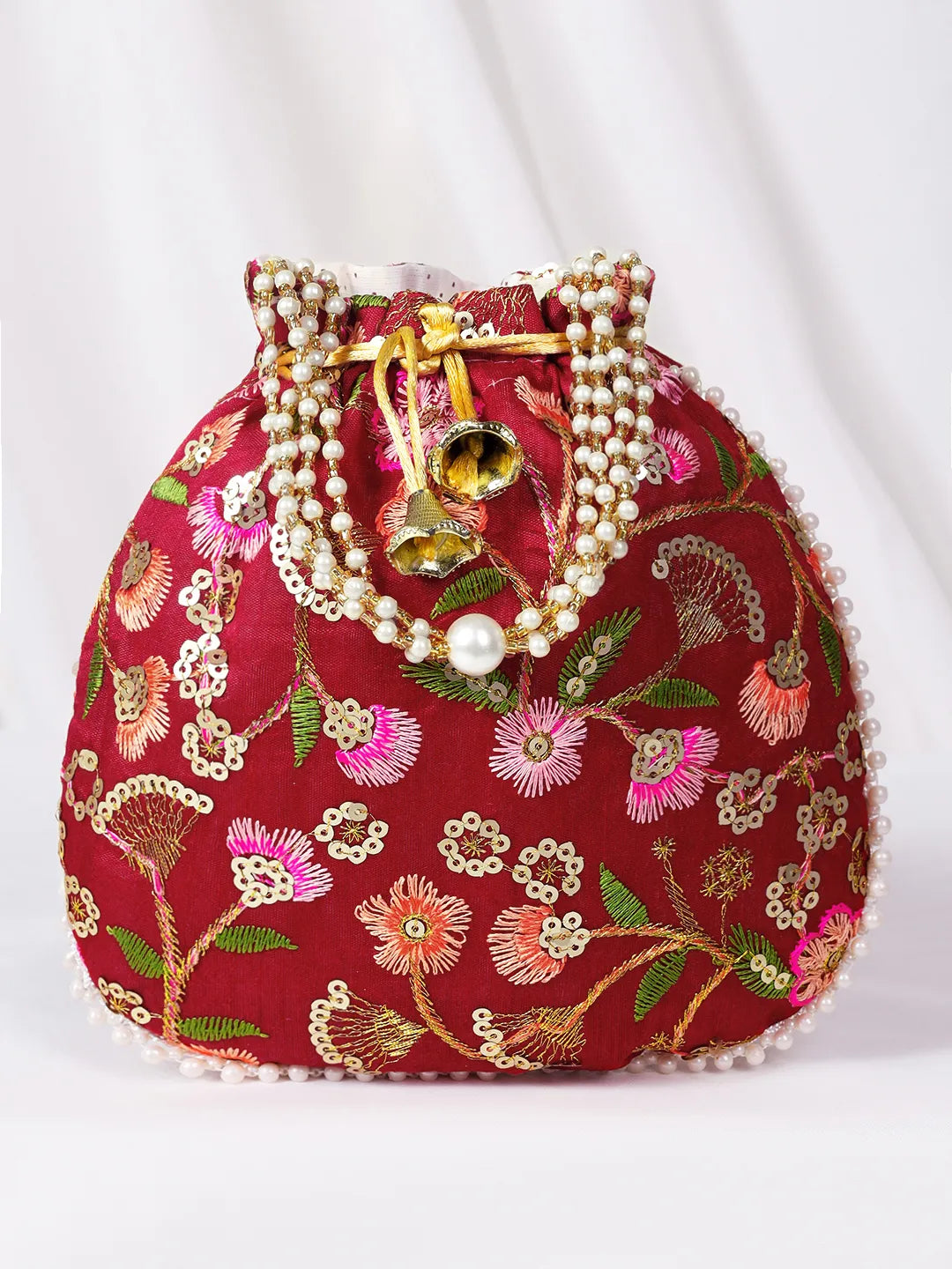 Maroon potli bag named Hand Embroidered Floral Potli Bag, featuring artificial beads detailing and soft fabric texture | Peora
