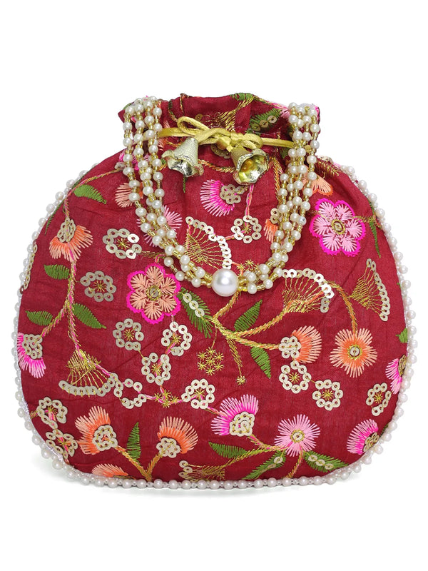 Maroon potli bag named Hand Embroidered Floral Potli Bag, featuring artificial beads detailing and soft fabric texture | Peora
