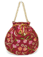 Maroon potli bag named Hand Embroidered Floral Potli Bag, featuring artificial beads detailing and soft fabric texture | Peora

