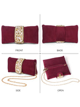 Maroon clutch bag named Clutch Bags Crafted for Elegance, featuring pearl detailing and soft fabric texture | Peora
