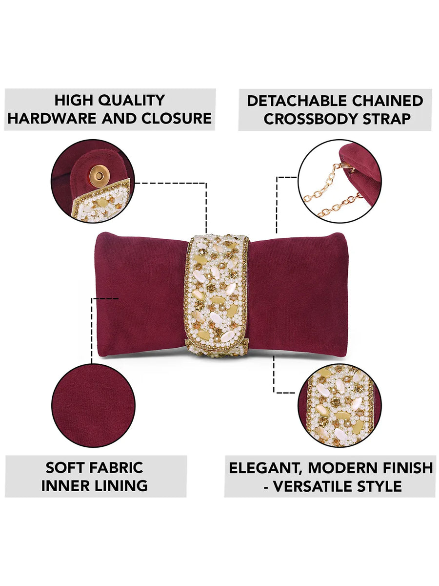 Maroon clutch bag named Clutch Bags Crafted for Elegance, featuring pearl detailing and soft fabric texture | Peora
