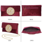 Maroon clutch bag named Velvet Midnight Aura Flap Clutch, featuring artificial beads detailing and soft fabric texture | Peora
