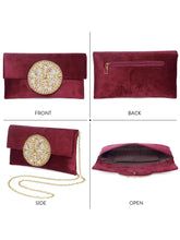 Maroon clutch bag named Velvet Midnight Aura Flap Clutch, featuring artificial beads detailing and soft fabric texture | Peora
