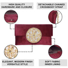 Maroon clutch bag named Velvet Midnight Aura Flap Clutch, featuring artificial beads detailing and soft fabric texture | Peora
