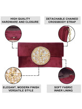 Maroon clutch bag named Velvet Midnight Aura Flap Clutch, featuring artificial beads detailing and soft fabric texture | Peora

