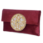 Grey clutch bag named Velvet Midnight Aura Flap Clutch, featuring artificial beads detailing and soft fabric texture | Peora
