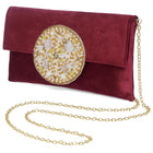 Grey clutch bag named Velvet Midnight Aura Flap Clutch, featuring artificial beads detailing and soft fabric texture | Peora
