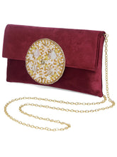 Grey clutch bag named Velvet Midnight Aura Flap Clutch, featuring artificial beads detailing and soft fabric texture | Peora
