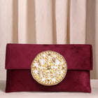 Maroon clutch bag named Velvet Midnight Aura Flap Clutch, featuring artificial beads detailing and soft fabric texture | Peora
