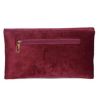 Maroon clutch bag named Velvet Midnight Aura Flap Clutch, featuring artificial beads detailing and soft fabric texture | Peora
