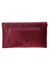 Maroon clutch bag named Velvet Midnight Aura Flap Clutch, featuring artificial beads detailing and soft fabric texture | Peora

