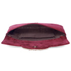 Maroon clutch bag named Velvet Midnight Aura Flap Clutch, featuring artificial beads detailing and soft fabric texture | Peora
