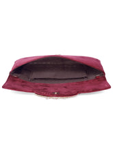 Maroon clutch bag named Velvet Midnight Aura Flap Clutch, featuring artificial beads detailing and soft fabric texture | Peora
