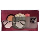 Maroon clutch bag named Velvet Midnight Aura Flap Clutch, featuring artificial beads detailing and soft fabric texture | Peora

