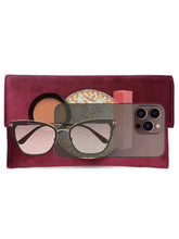 Maroon clutch bag named Velvet Midnight Aura Flap Clutch, featuring artificial beads detailing and soft fabric texture | Peora
