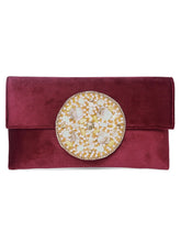 Maroon clutch bag named Velvet Midnight Aura Flap Clutch, featuring artificial beads detailing and soft fabric texture | Peora
