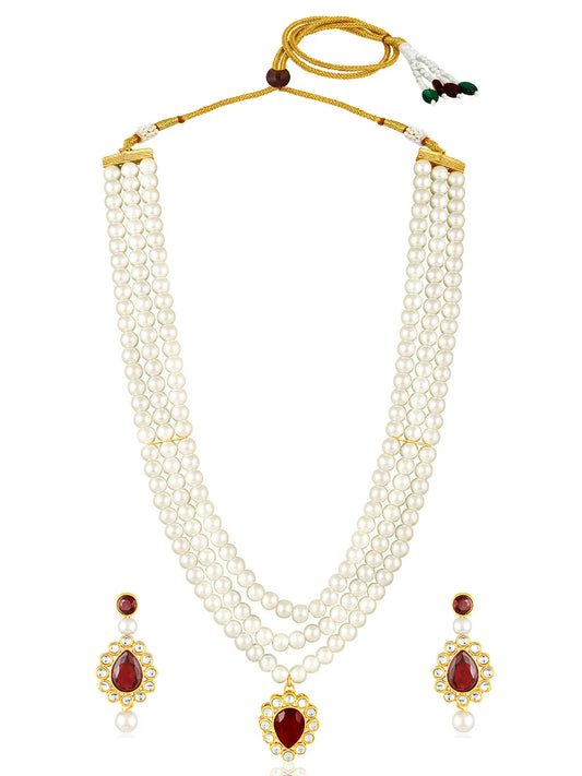 Maroon necklace earrings set crafted from alloy, adorned with kundan & beads for an elegant, timeless look | Peora
