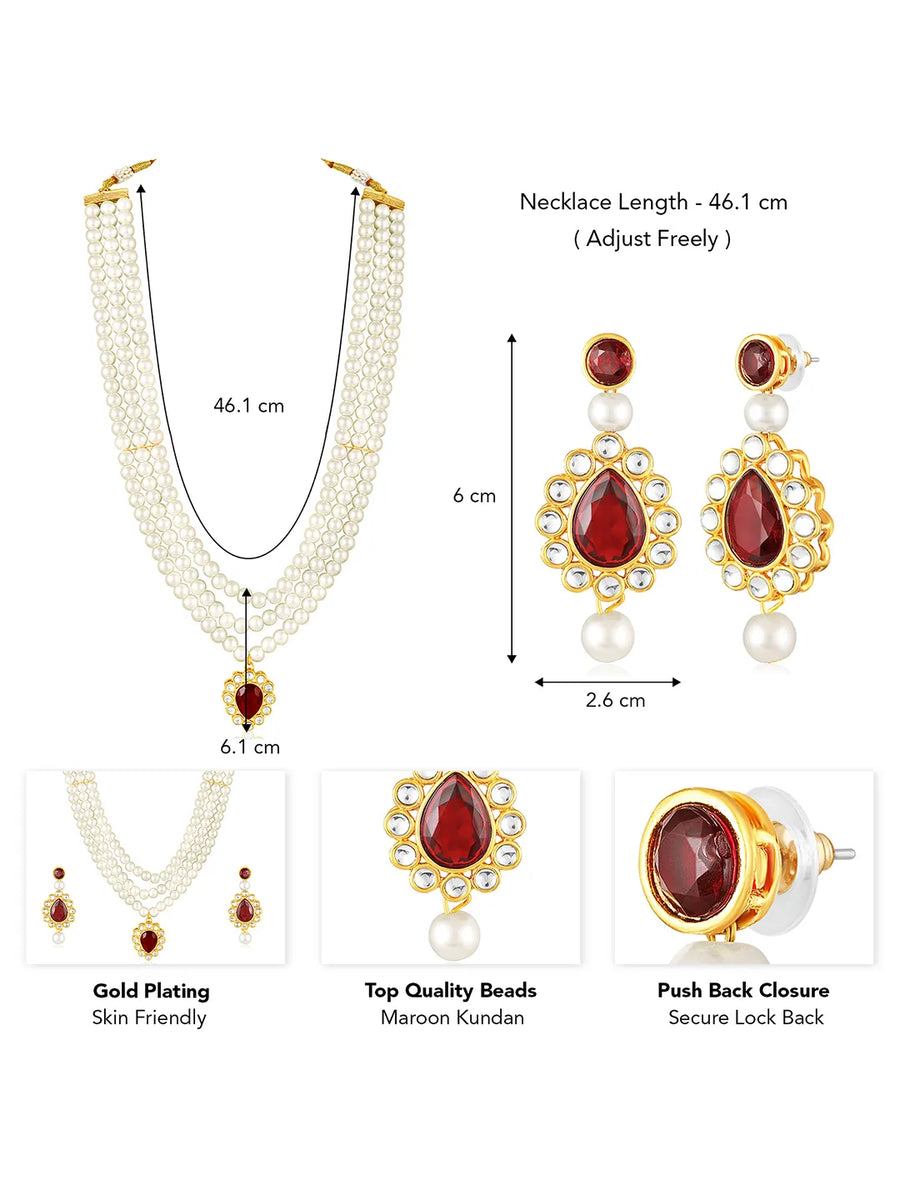 Maroon necklace earrings set crafted from alloy, adorned with kundan & beads for an elegant, timeless look | Peora
