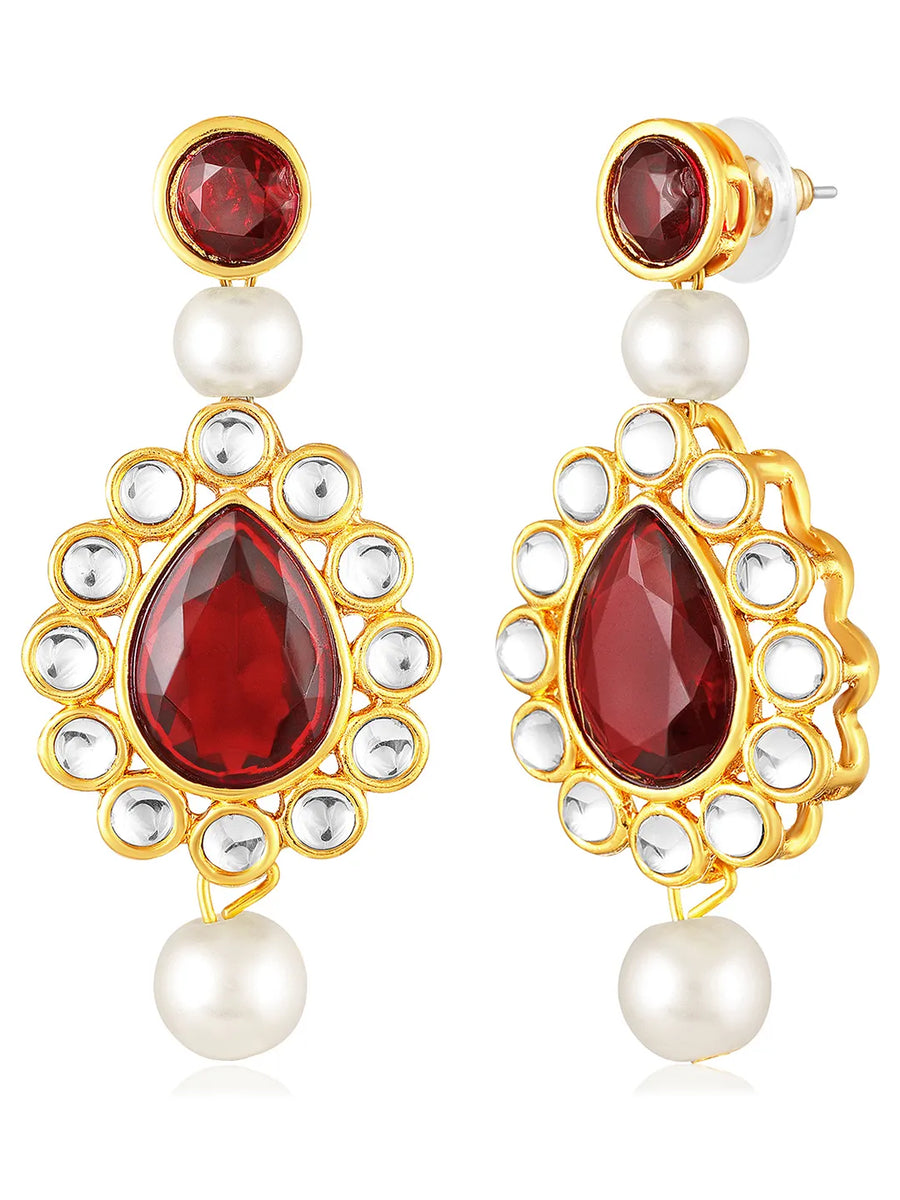Maroon necklace earrings set crafted from alloy, adorned with kundan & beads for an elegant, timeless look | Peora
