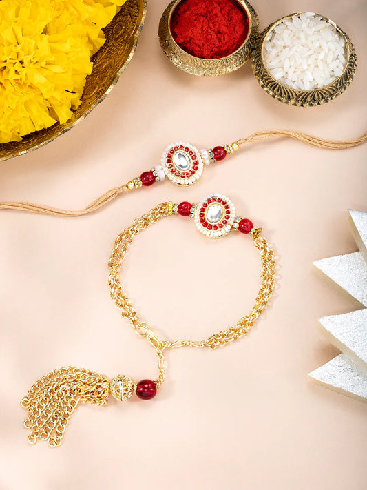 Close-up of Vibrant Meenakari Rakhi-Lumba Pair featuring red & gold thread, beads work, and gold plating – ideal for Raksha Bandhan | Peora
