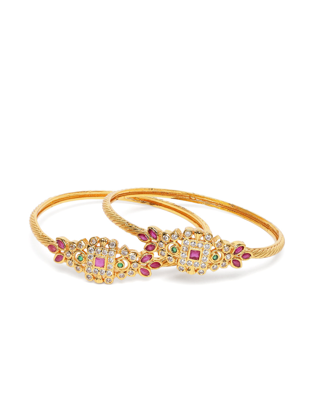 Minimalistic Traditional Floral Bangle in Rani Pink Green featuring Faux Ruby bangle set 
