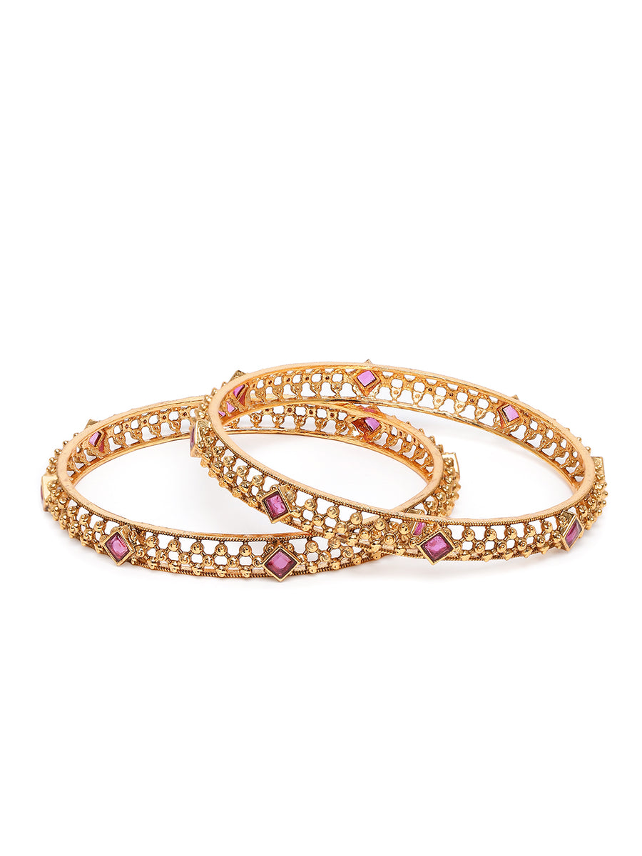 Minimalist Stone Mesh Bangle Set in Gold - Rani Pink featuring Faux Ruby  bangle set 
