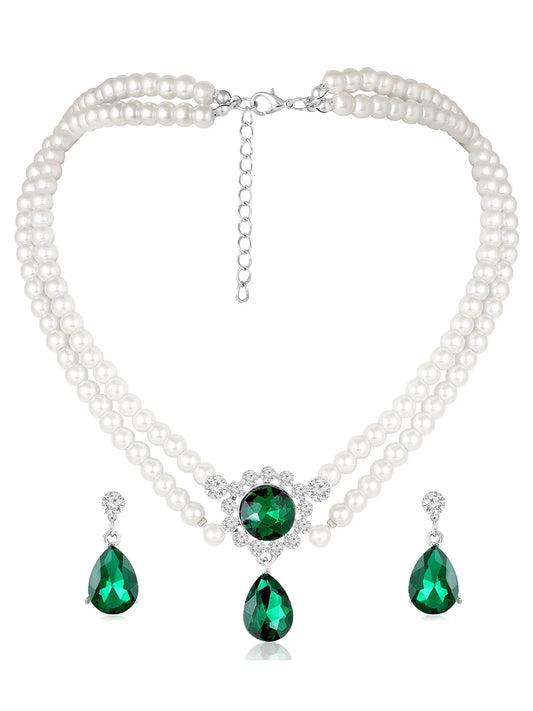White-Green necklace earrings set crafted from alloy, adorned with pearls cubic zirconia & crystal for an elegant, timeless look | Peora
