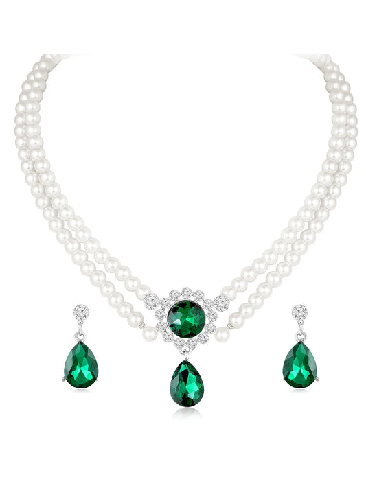 White-Green necklace earrings set crafted from alloy, adorned with pearls cubic zirconia & crystal for an elegant, timeless look | Peora
