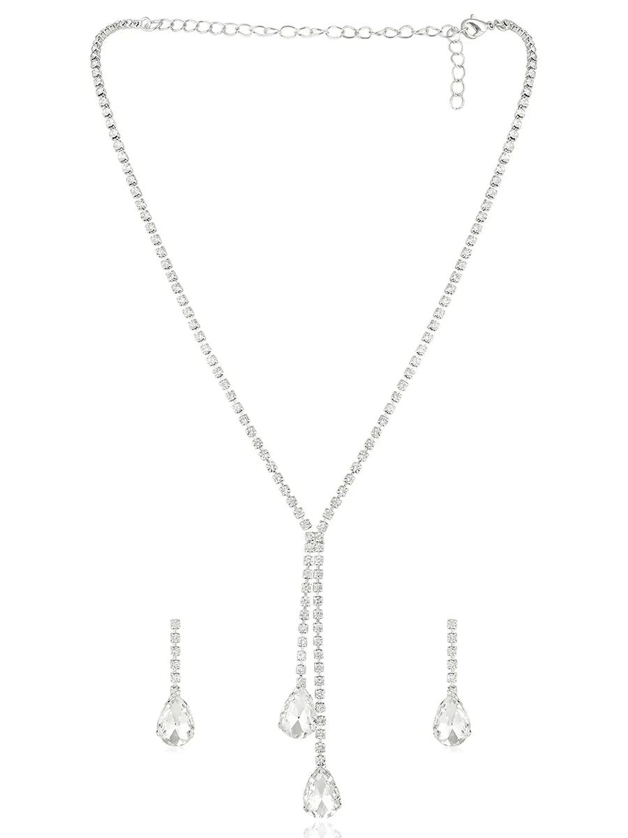 Silver necklace earrings set crafted from alloy, adorned with crystals & cubic zirconia for an elegant, timeless look | Peora
