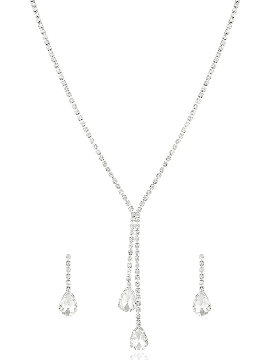 Silver necklace earrings set crafted from alloy, adorned with crystals & cubic zirconia for an elegant, timeless look | Peora
