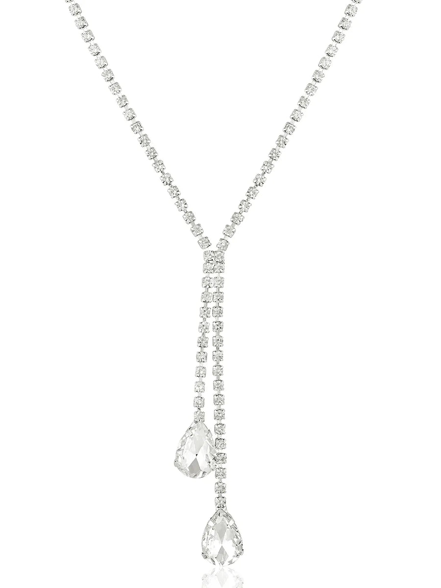 Silver necklace earrings set crafted from alloy, adorned with crystals & cubic zirconia for an elegant, timeless look | Peora
