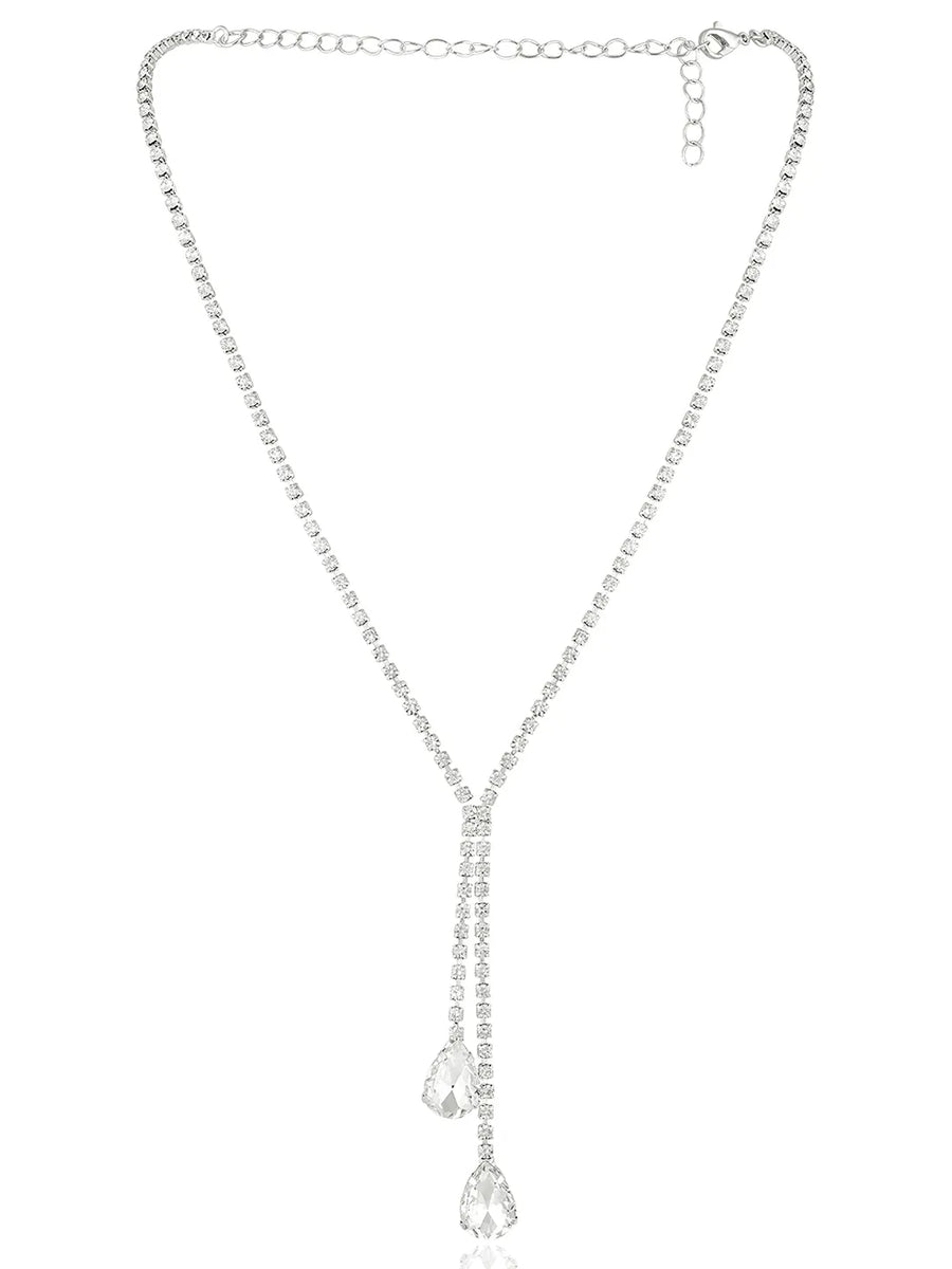 Silver necklace earrings set crafted from alloy, adorned with crystals & cubic zirconia for an elegant, timeless look | Peora
