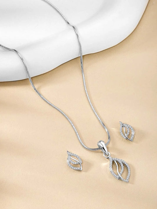 Modern Romance CZ Leafy Pendant Set by Peora. Silver pendant set with leafy designs, with earrings & CZ stones.