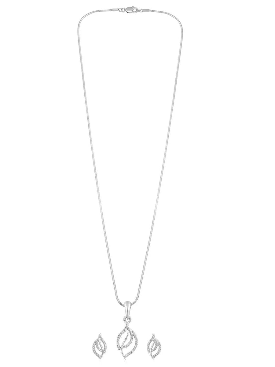 Modern Romance CZ Leafy Pendant Set by Peora. Silver pendant set with leafy designs, with earrings & CZ stones.