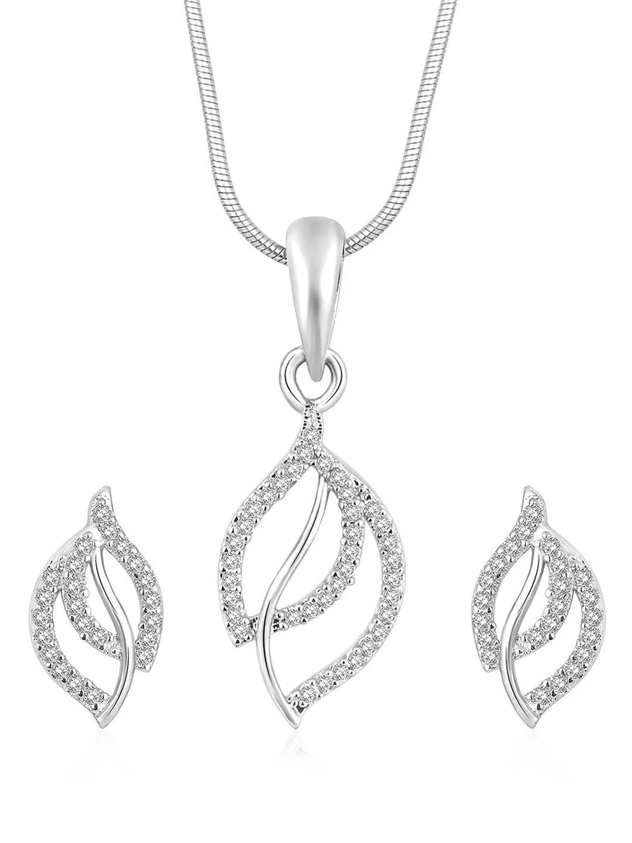 Modern Romance CZ Leafy Pendant Set by Peora. Silver pendant set with leafy designs, with earrings & CZ stones.