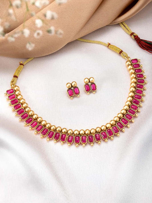 Enchanting Colours Short Necklace Set - Rani Pink
