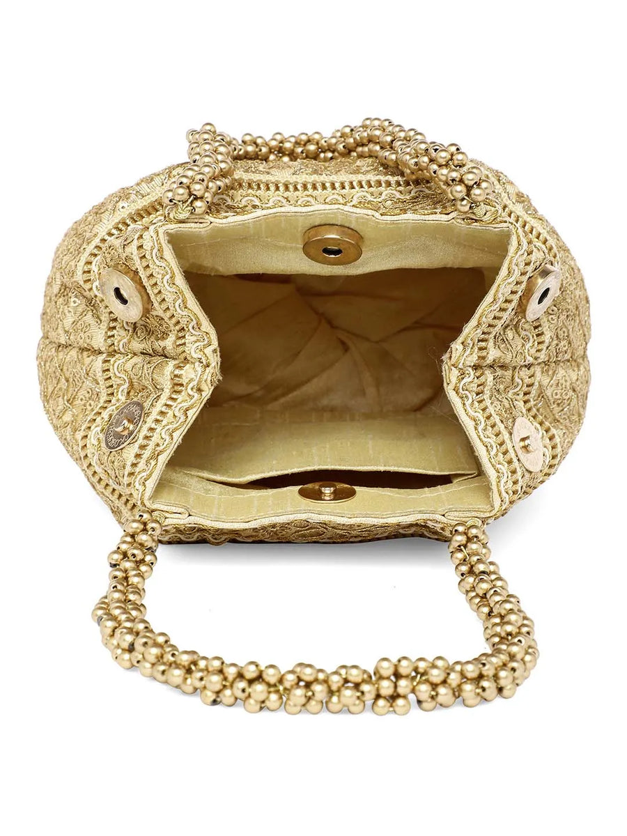 Cream Beaded Handle Embroidered Potli Bag