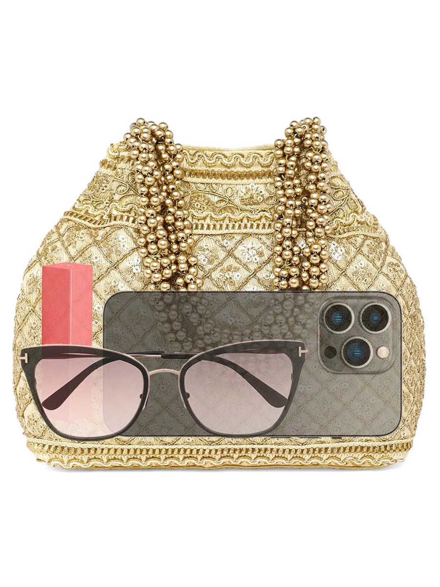 Cream Beaded Handle Embroidered Potli Bag